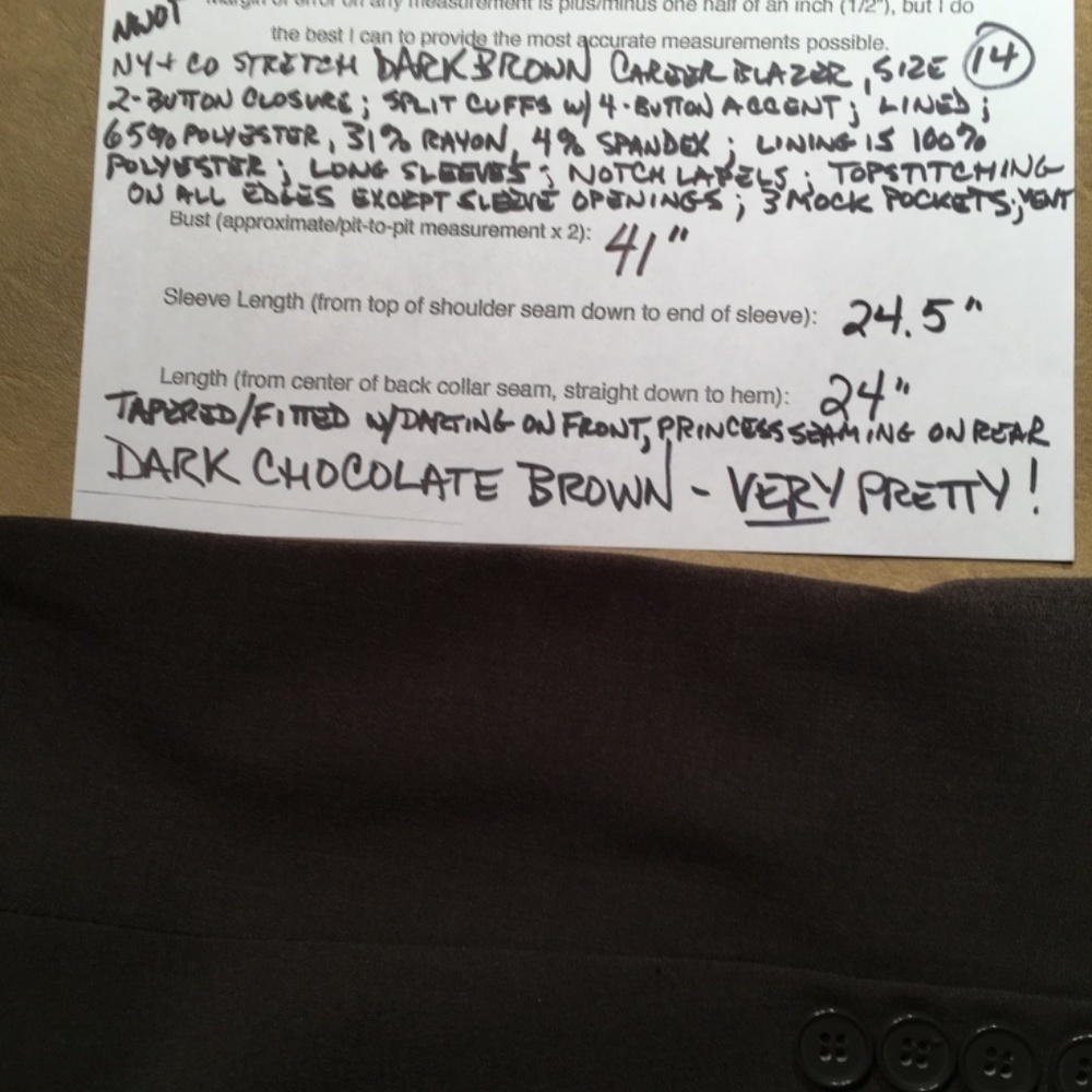 new YORK & COMPANY STRETCH Career Blazer Jacket, DARK BROWN, NWOT, Size 14 - Picture 9 of 9